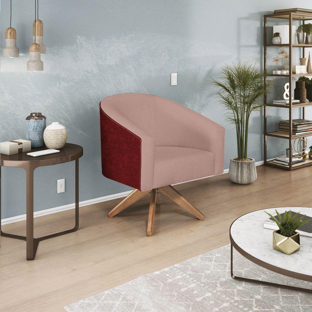 Kit 02 Poltronas Luiza Base Giratória De Madeira Factor Vermelho E Linho Rosê - 7