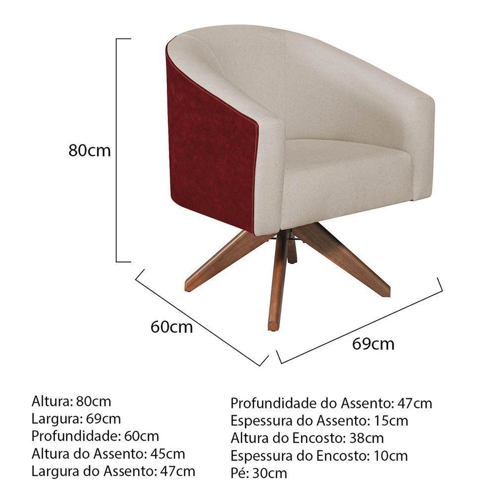 Kit 02 Poltronas Luiza Base Giratória De Madeira Factor Vermelho E Linho Bege - 3