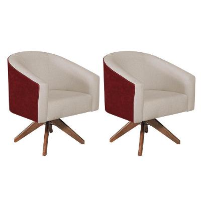 Kit 02 Poltronas Luiza Base Giratória De Madeira Factor Vermelho E Linho Bege