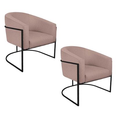 Kit 02 Poltronas Luiza Base De Ferro Preto Linho - Adj Decor Cor Rosê
