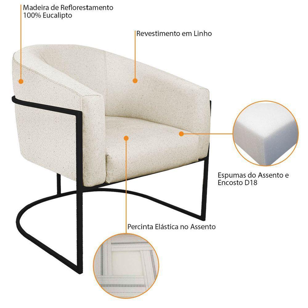 Kit 02 Poltronas Luiza Base De Ferro Preto Linho - Adj Decor Cor Bege - 7