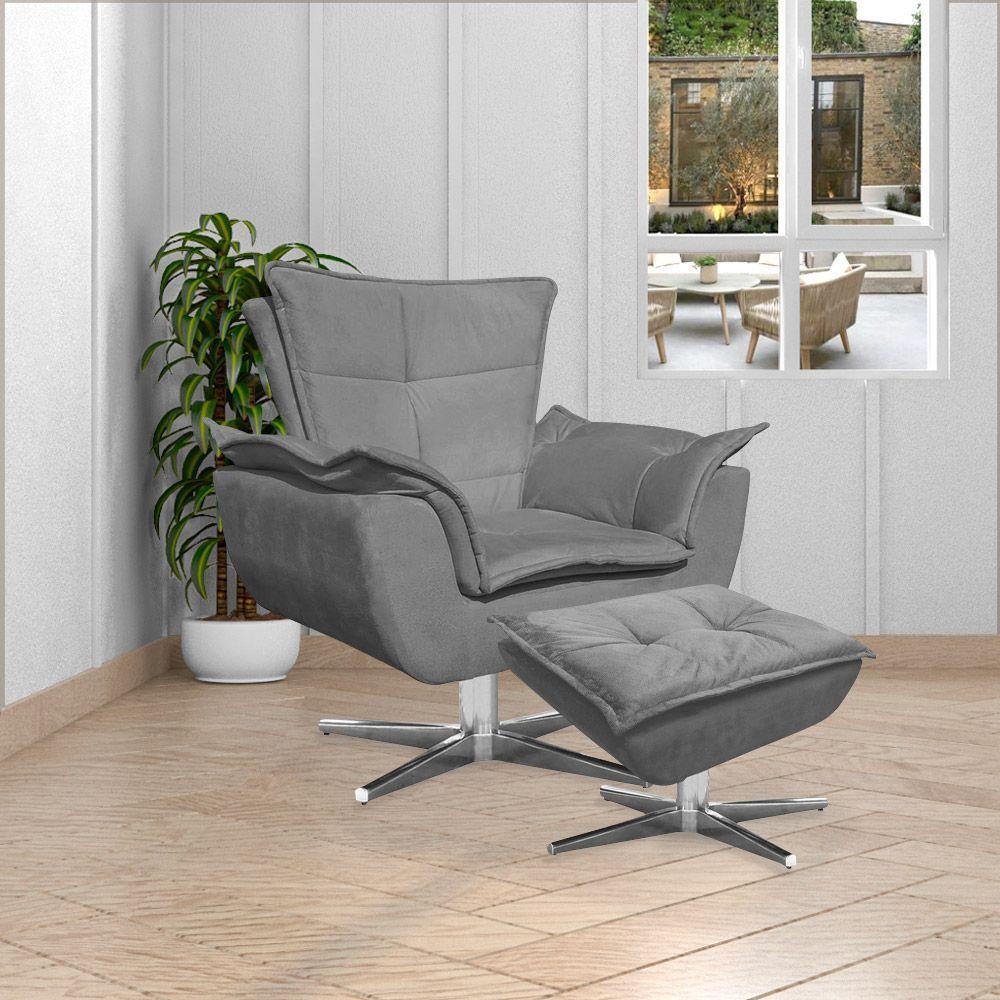 Kit 2 Poltronas Decorativas Base Giratória Cromada Charger Suede Grafite G19 - Gran Belo - 8