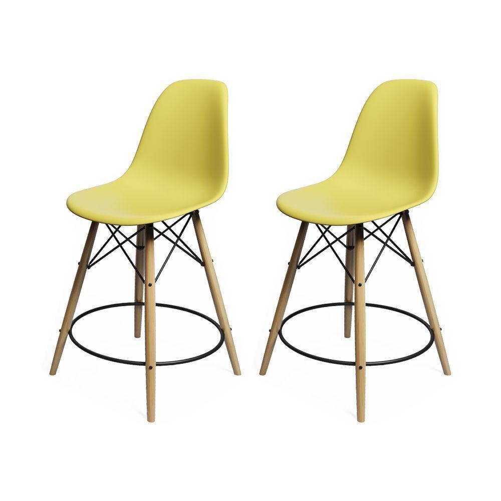Kit 2 Banquetas Eames Eiffel De Madeira Assento Amarelo - 1