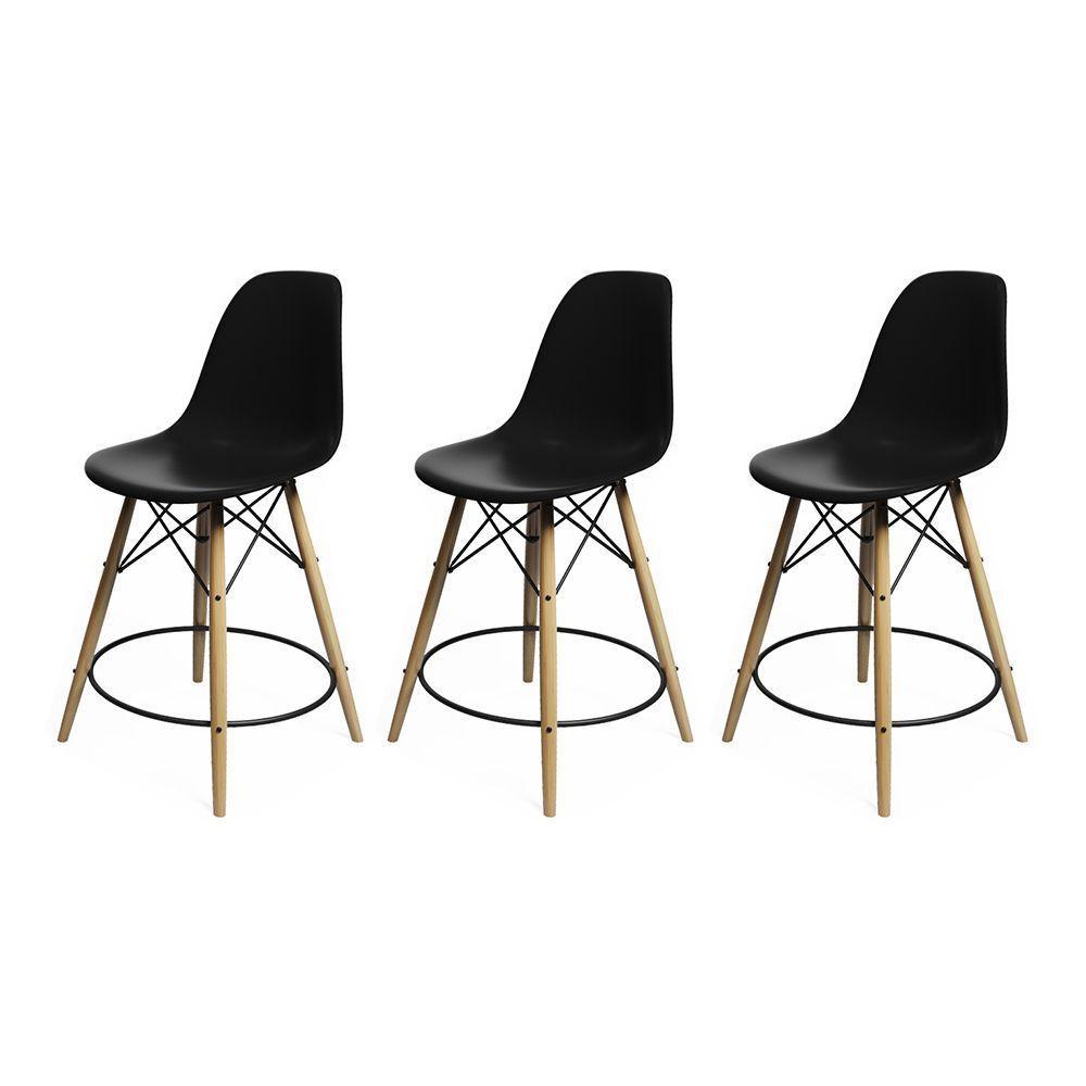 Kit 3 Banquetas Eames Eiffel De Madeira Assento Preto - 1