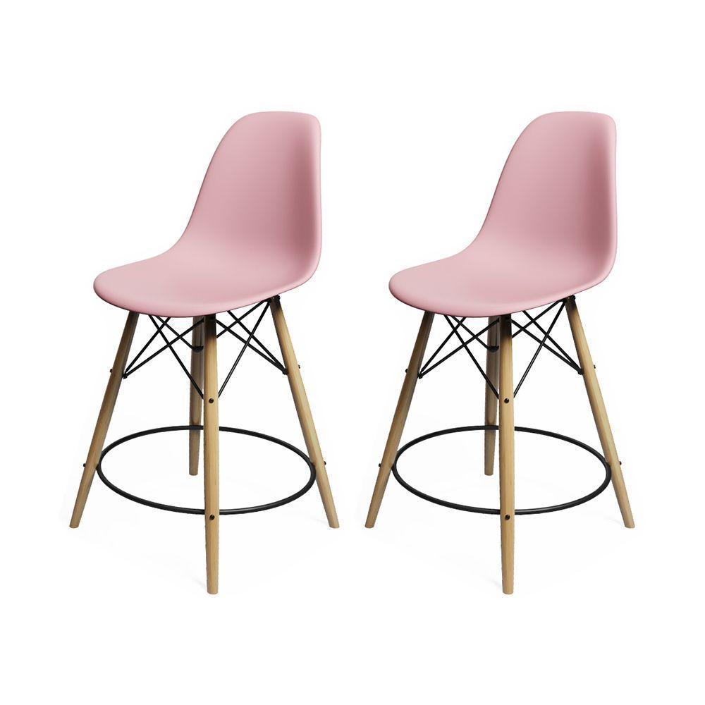 Kit 2 Banquetas Eames Eiffel De Madeira Assento Rosa Claro - 1