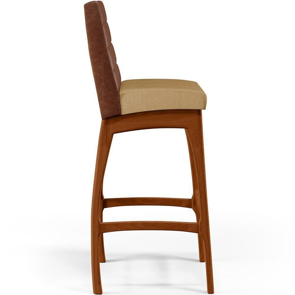 Kit 02 Banquetas Altas Sala De Jantar Fixa Mila B04 Couríssimo Marrom Linho Bege Escuro - Lyam Decor - 3