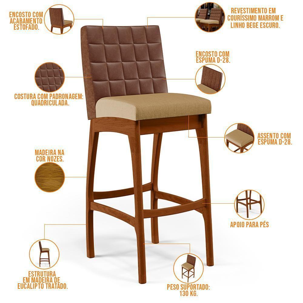 Kit 02 Banquetas Altas Sala De Jantar Fixa Mila B04 Couríssimo Marrom Linho Bege Escuro - Lyam Decor - 5