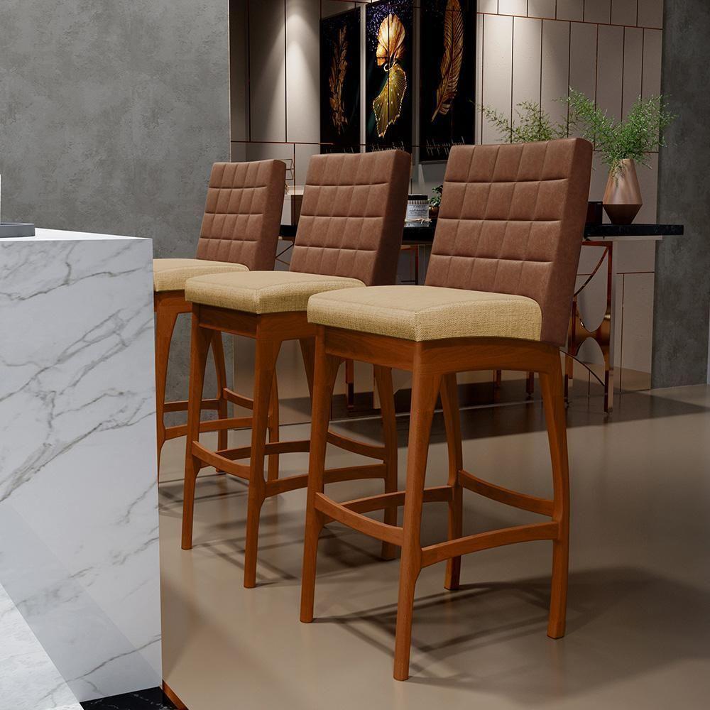 Kit 02 Banquetas Altas Sala De Jantar Fixa Mila B04 Couríssimo Marrom Linho Bege Escuro - Lyam Decor - 8