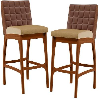 Kit 02 Banquetas Altas Sala De Jantar Fixa Mila B04 Couríssimo Marrom Linho Bege Escuro - Lyam Decor