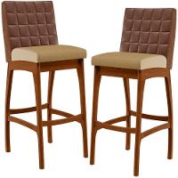 Kit 02 Banquetas Altas Sala De Jantar Fixa Mila B04 Couríssimo Marrom Linho Bege Escuro - Lyam Decor - 1