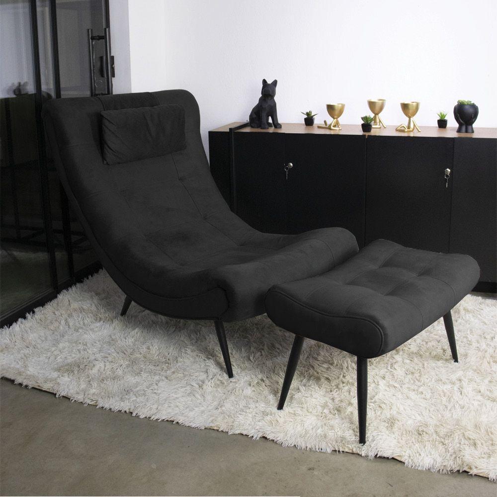 Kit 01 Poltrona E 01 Puff Sher Suede Pés Palito De Ferro - D'rossi Cor Preto - 8