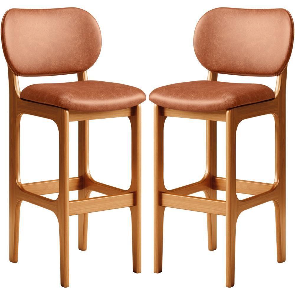 Kit 02 Banquetas Alta Para Cozinha Madeira Fixa Betta L02 Imbuia Couríssimo Camel - Lyam Decor - 1
