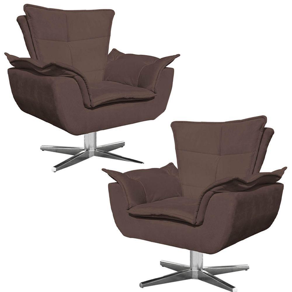 Kit 2 Poltronas Decorativas Base Giratória Cromada Charger Suede Marrom G19 - Gran Belo - 1