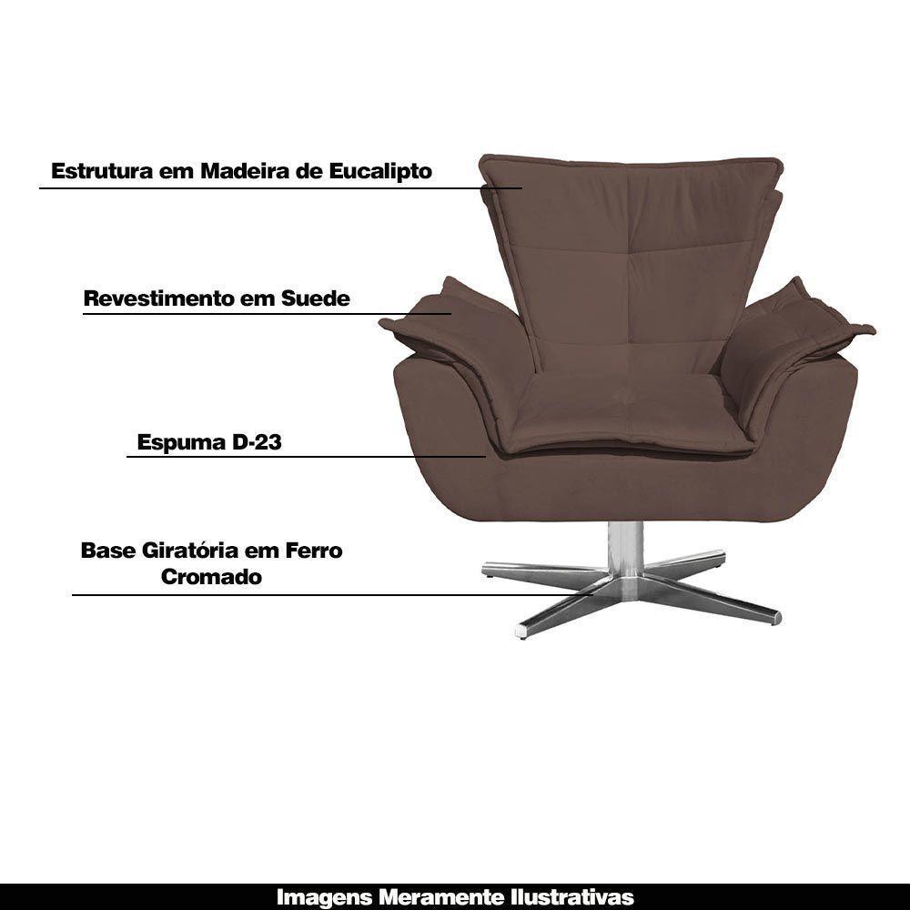 Kit 2 Poltronas Decorativas Base Giratória Cromada Charger Suede Marrom G19 - Gran Belo - 6