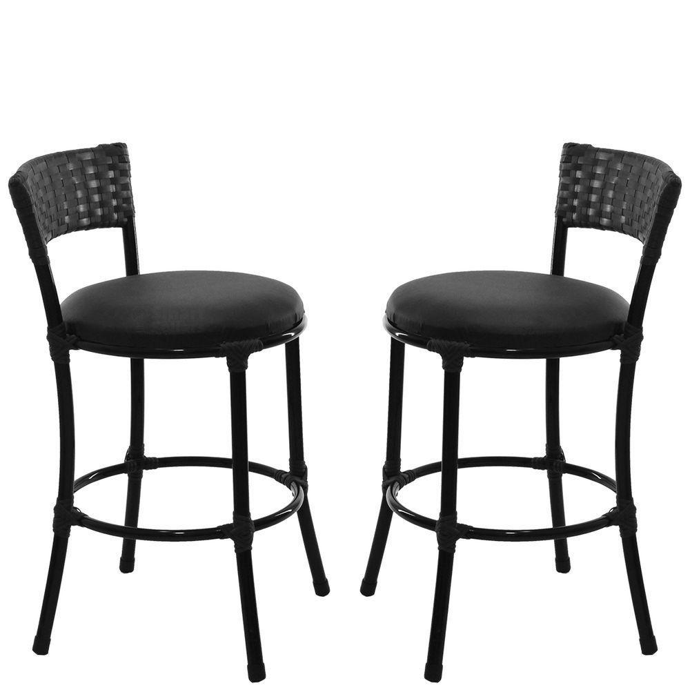 2 Banquetas Forts Baixa Fibra Sintética Preta, Ferro, Assento Estofado - 1