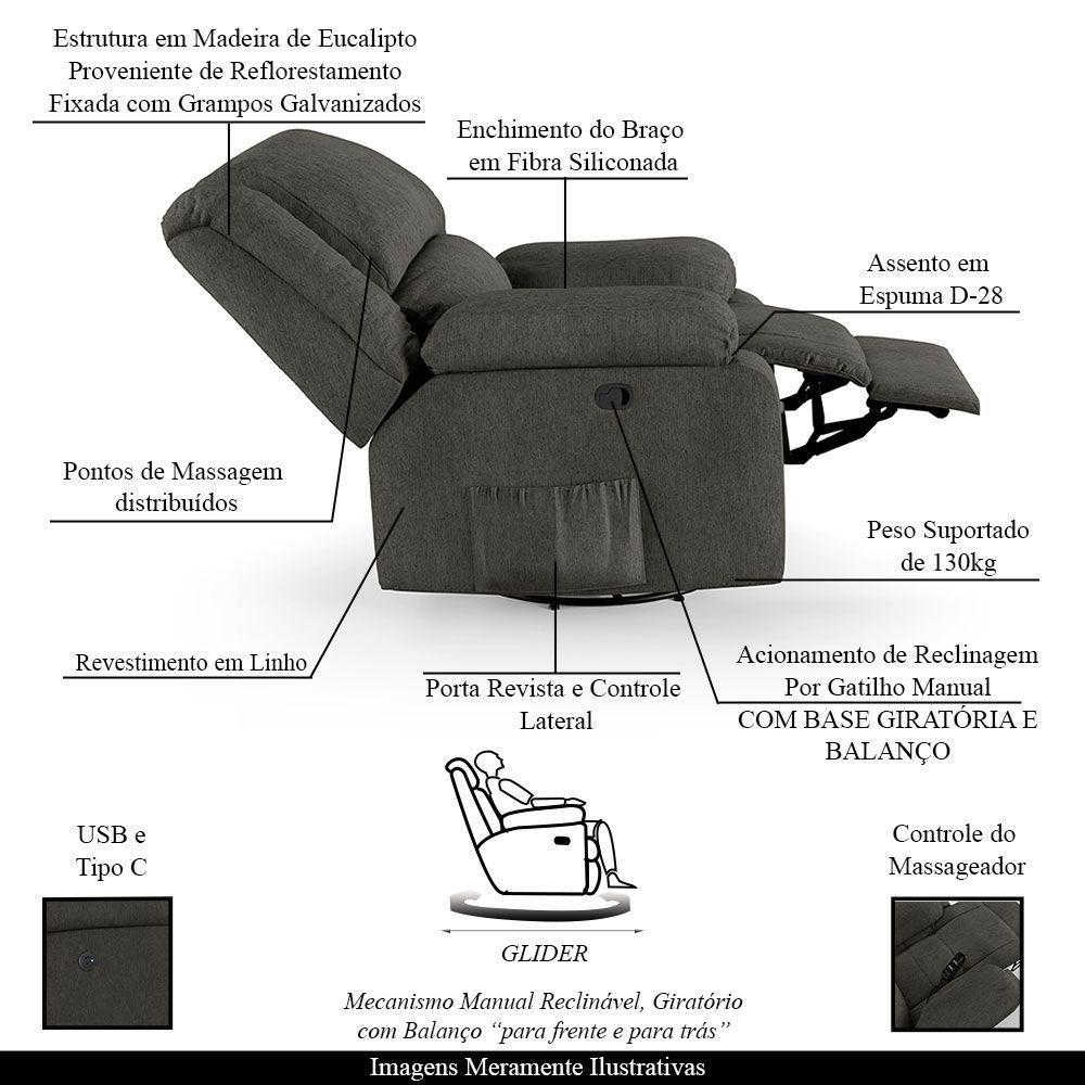 Poltrona Do Papai Reclinável Sala De Cinema Glider Manual Giratória Massagem Usb Linho Chumbo G26 - 7