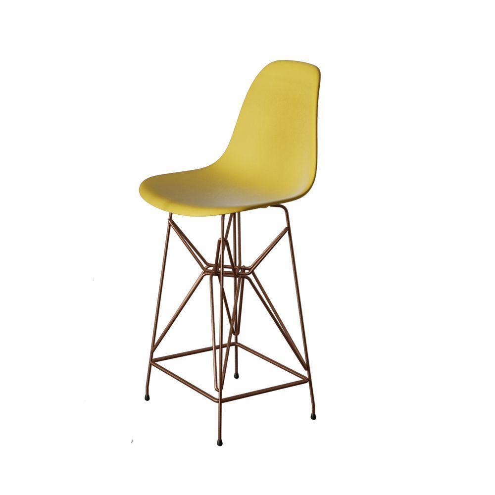 Kit 3 Banquetas Bistrô Alta Eames Eiffel Amarela Base Ferro Cobre - Cor: Marrom - 3