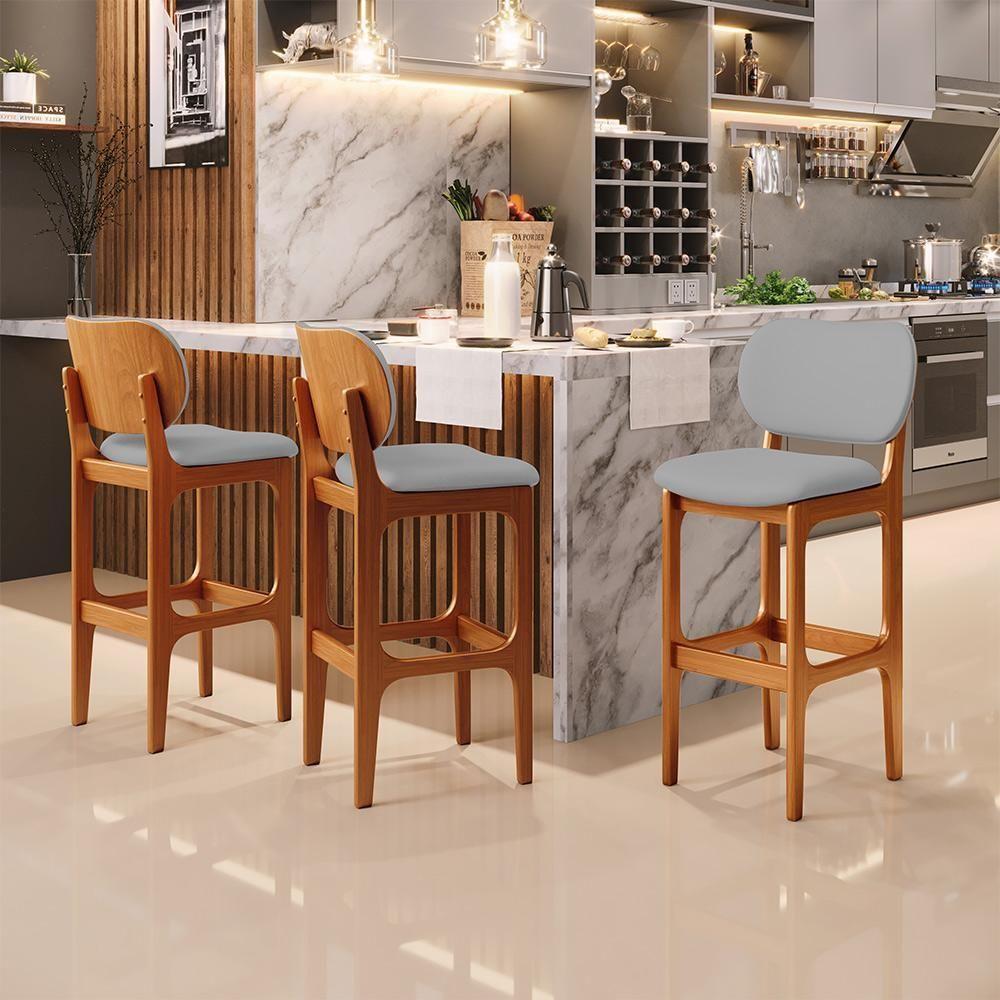 Kit 02 Banquetas Alta Para Cozinha Madeira Fixa Betta L02 Imbuia Corano Cinza - Lyam Decor - 9