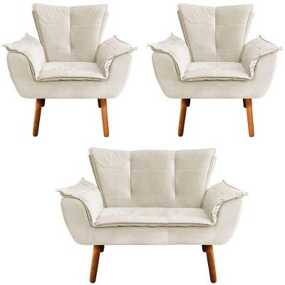 Conjunto 2 Poltronas E 1 Namoradeira Pés Palito Charger Veludo Bege G19 - Gran Belo