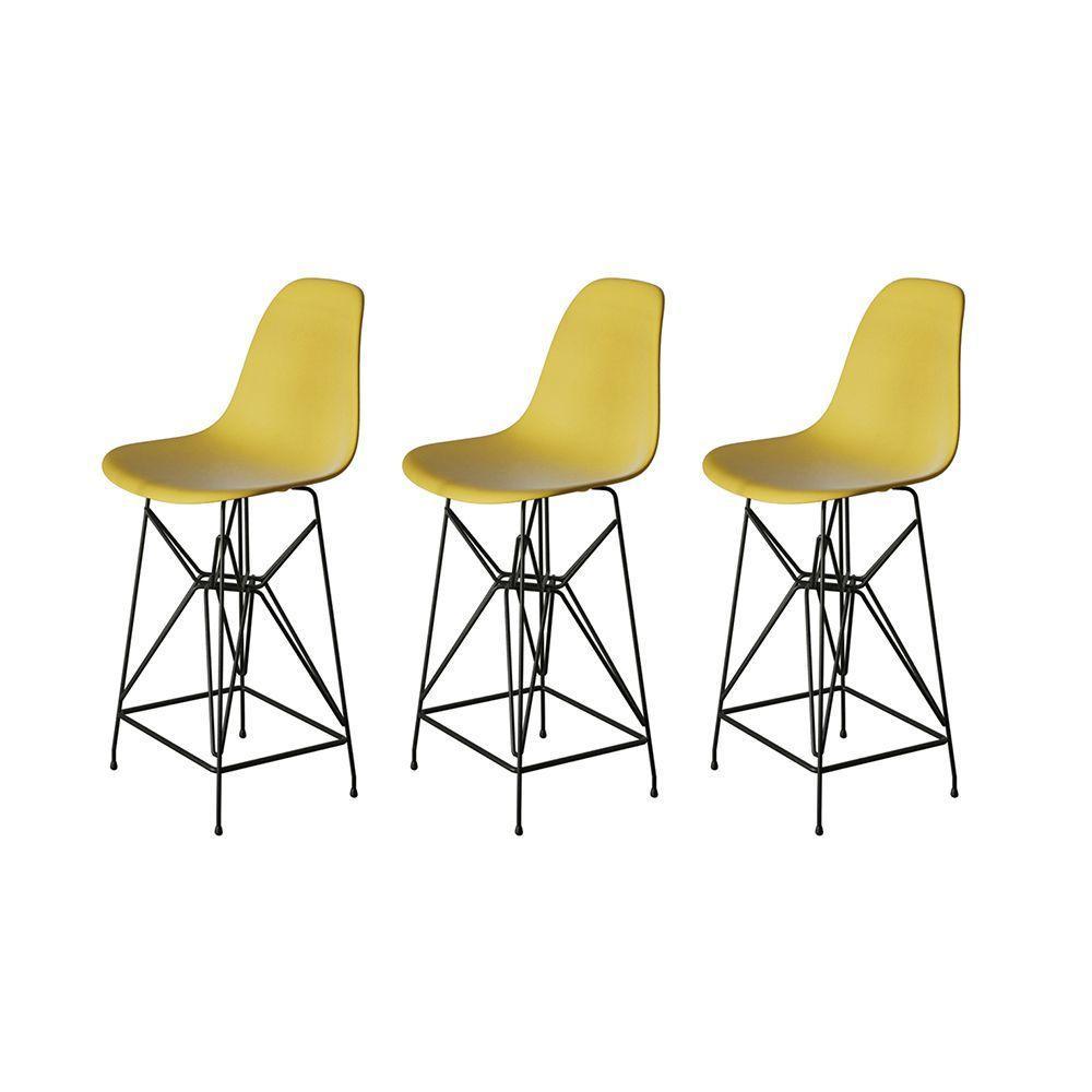 Kit 3 Banquetas Bistrô Alta Eames Eiffel Amarela Base Ferro Preto - Cor: Amarelo - 1
