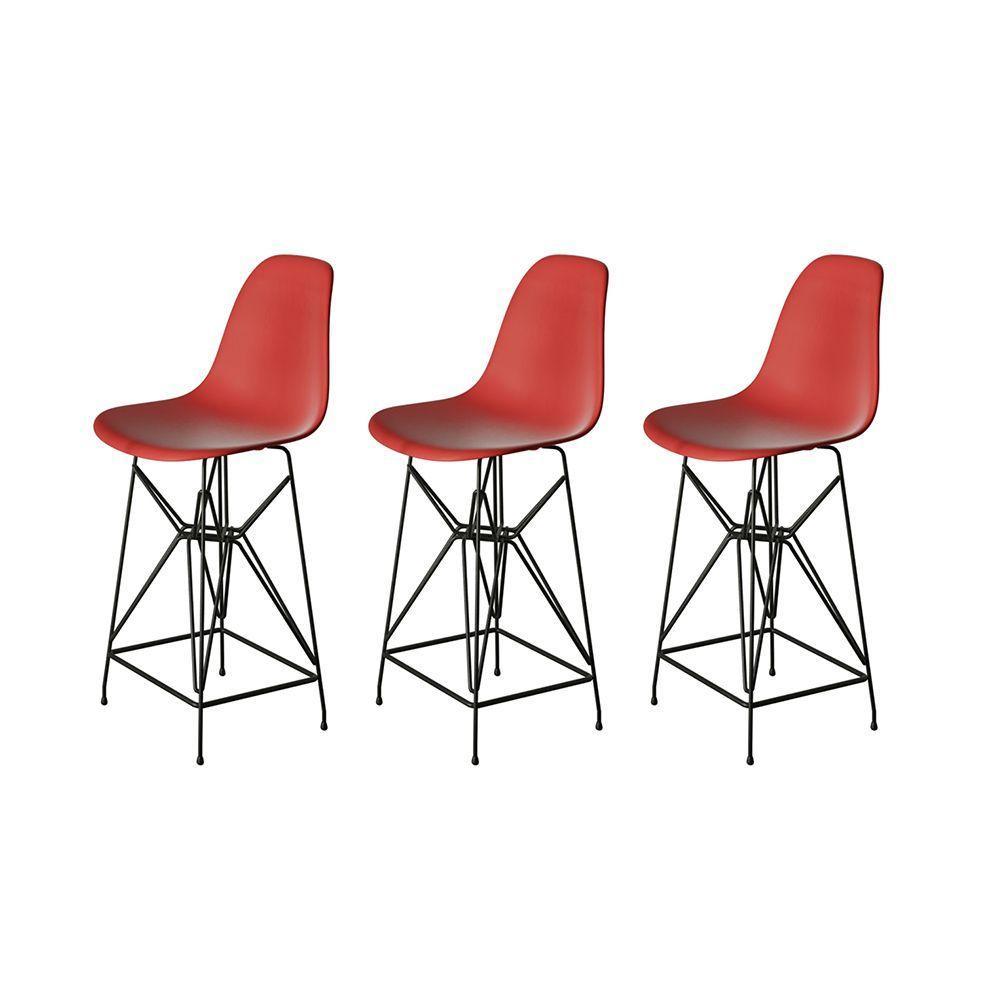 Kit 3 Banquetas Bistrô Alta Eames Eiffel Vermelha Base Ferro Preto - Cor: Vermelho - 1