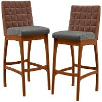 Kit 02 Banquetas Altas Sala Jantar Fixa Mila B04 Couríssimo Marrom Linho Cinza Escuro - Lyam Decor - 1