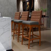 Kit 02 Banquetas Altas Sala Jantar Fixa Mila B04 Couríssimo Marrom Linho Cinza Escuro - Lyam Decor - 7