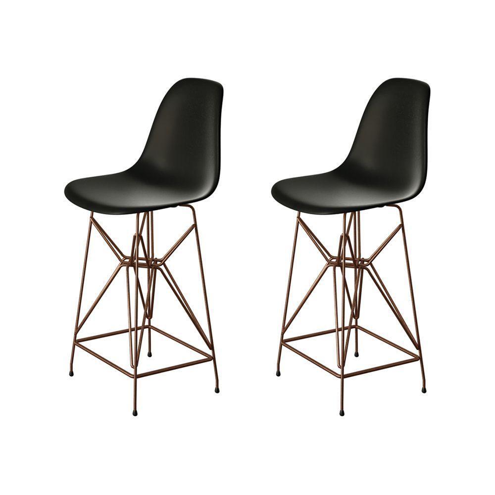 Kit 2 Banquetas Bistrô Alta Eames Eiffel Preta Base Ferro Cobre - Cor: Marrom - 1