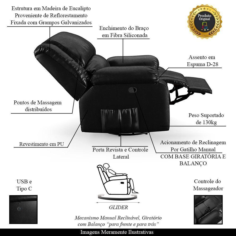 Poltrona Do Papai Reclinável Sala De estar Glider Manual Giratória Massagem Usb Preto Brilho G26 - 7