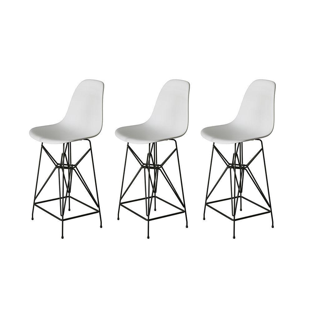 Kit 3 Banquetas Bistrô Alta Eames Eiffel Branca Base Ferro Preto - Cor: Branco - 1