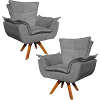 Kit 2 Poltronas Decorativas Base Giratória Em Madeira Charger Suede Grafite G19 - Gran Belo - 1
