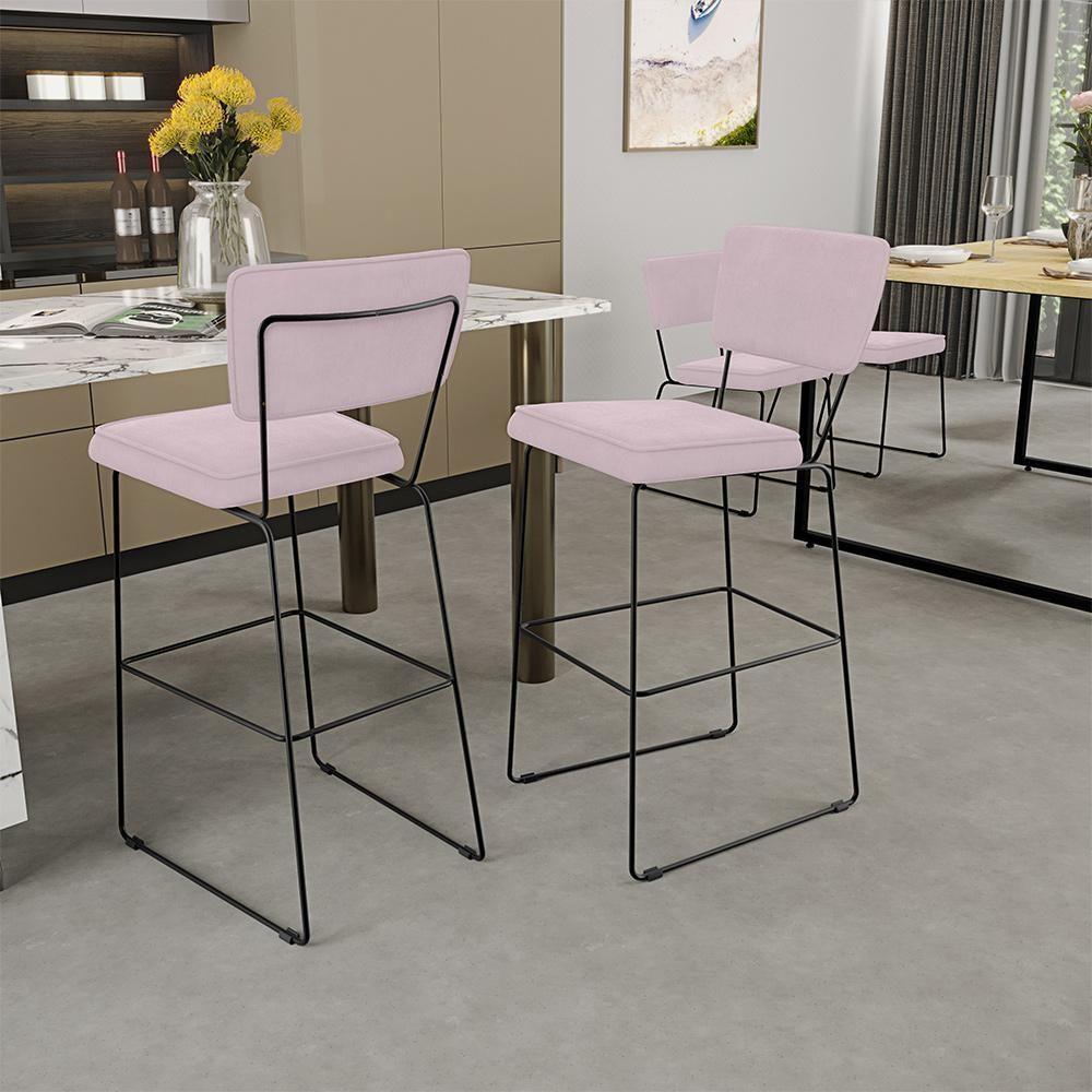 Kit 04 Banquetas Alta Para Cozinha Sala De Jantar Base Em Aço Allana L02 Suede Rosê - 9