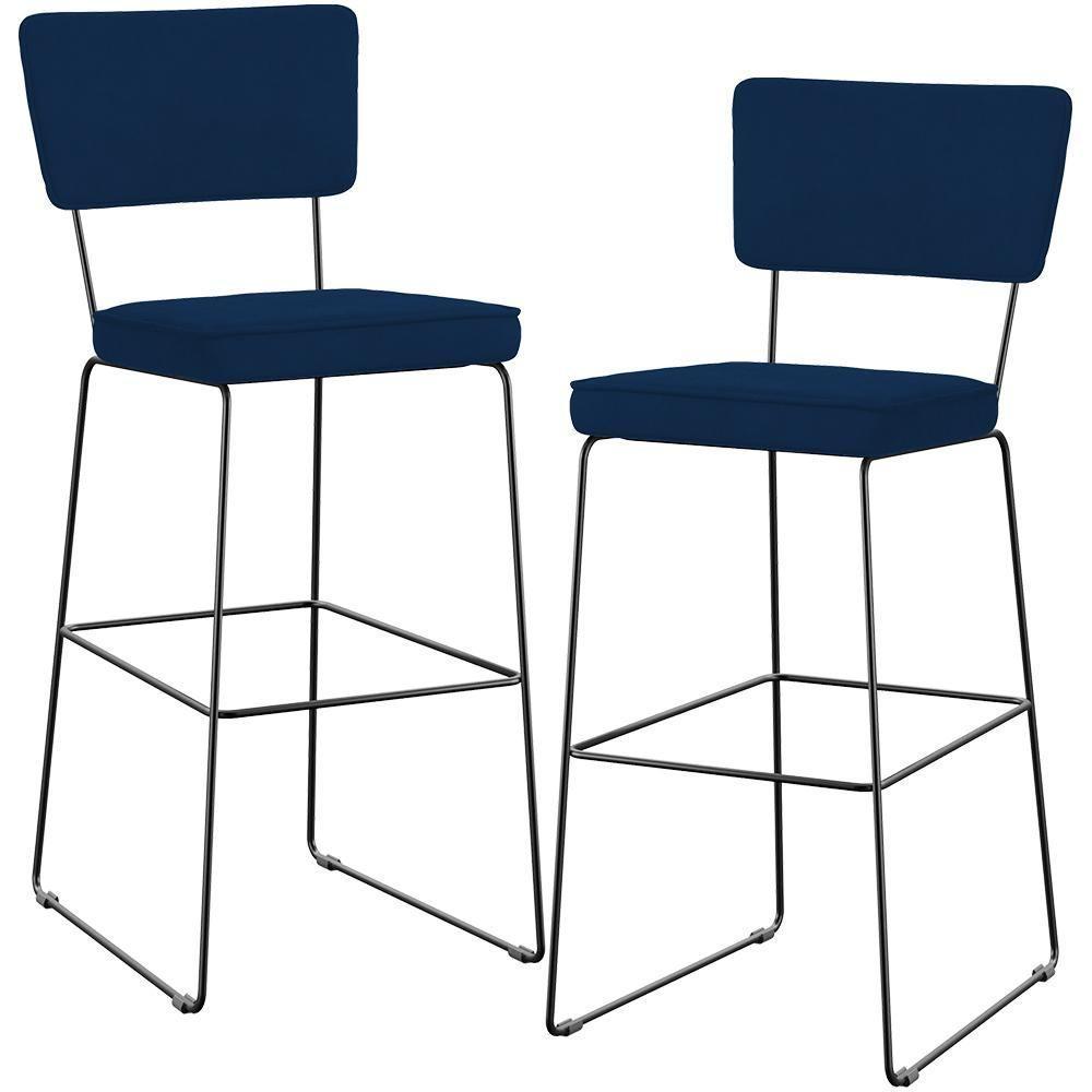 Kit 02 Banquetas Para Cozinha Sala De Jantar Base Em Aço Allana L02 Suede Azul Marinho - 1