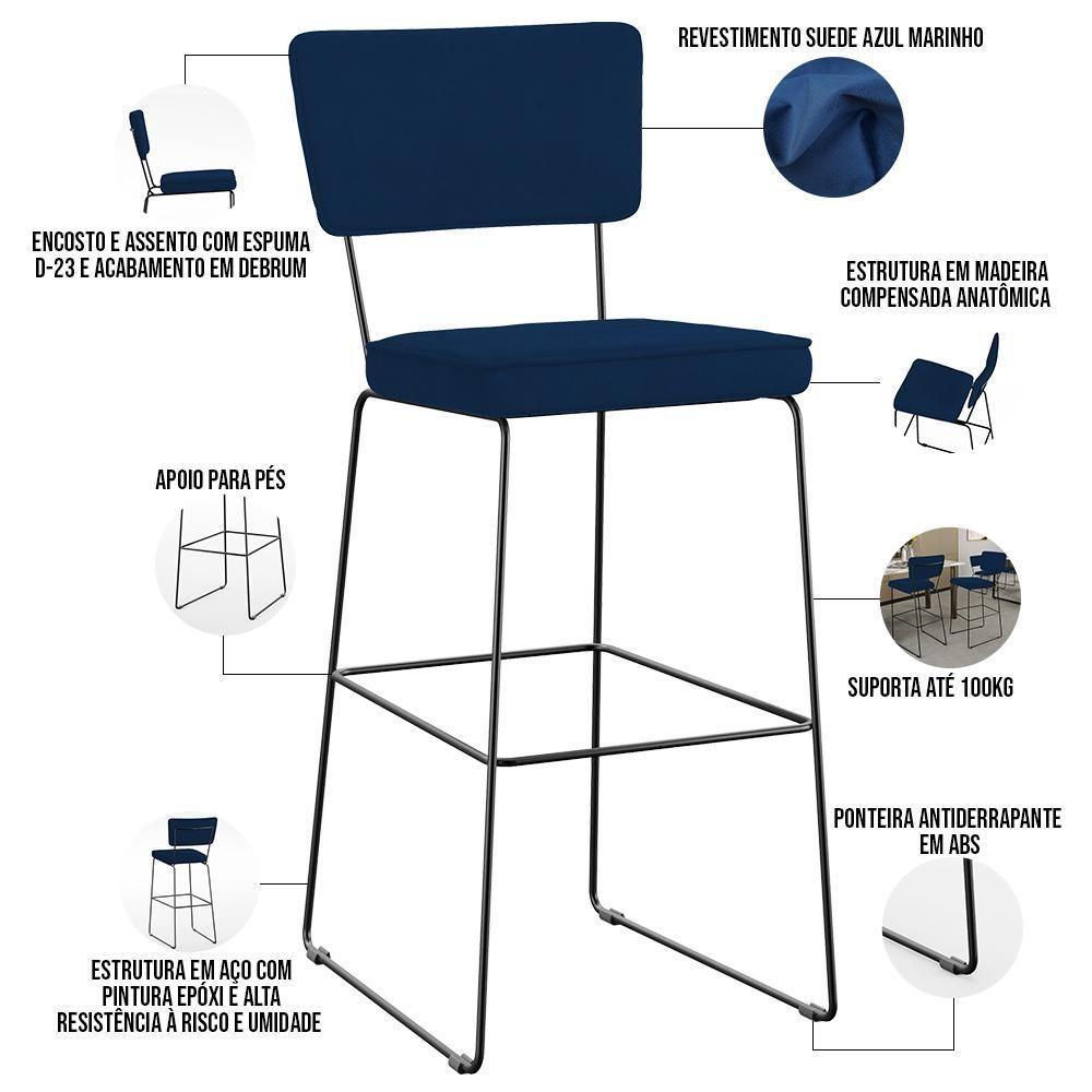Kit 02 Banquetas Para Cozinha Sala De Jantar Base Em Aço Allana L02 Suede Azul Marinho - 7