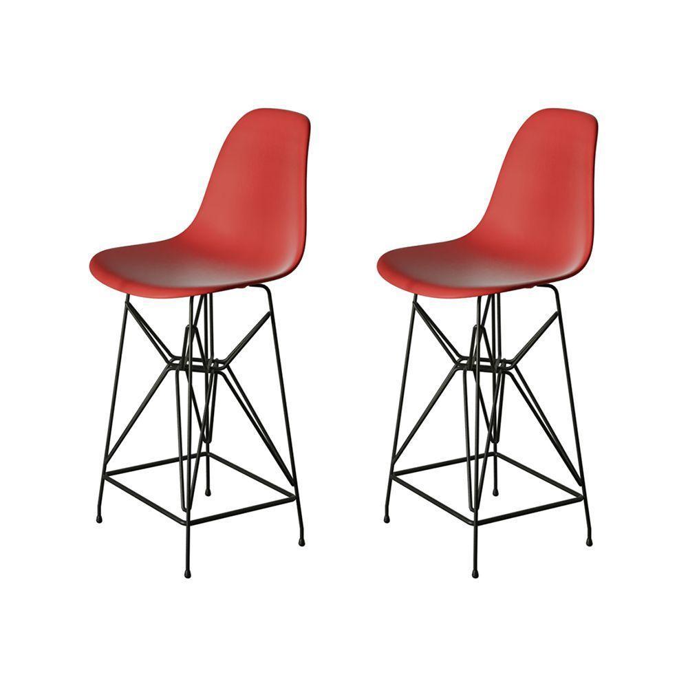Kit 2 Banquetas Bistrô Alta Eames Eiffel Vermelha Base Ferro Preto - Cor: Vermelho - 1