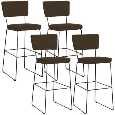 Kit 04 Banquetas Alta Para Cozinha Sala De Jantar Base Em Aço Allana L02 Suede Marrom