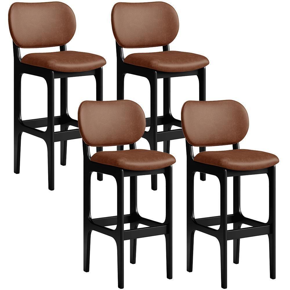 Kit 04 Banquetas Alta Para Cozinha Madeira Fixa Betta L02 Preto Couríssimo Marrom - 1