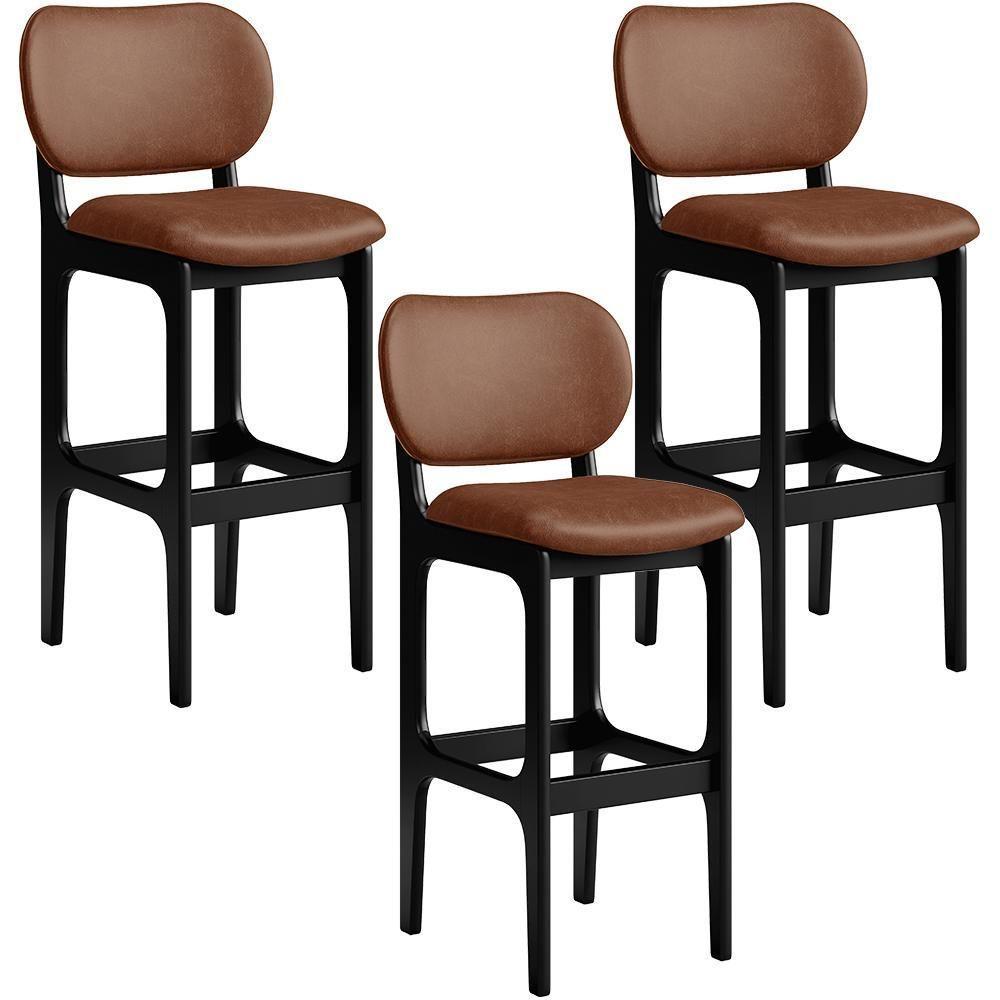 Kit 03 Banquetas Alta Para Cozinha Madeira Fixa Betta L02 Preto Couríssimo Marrom - 1