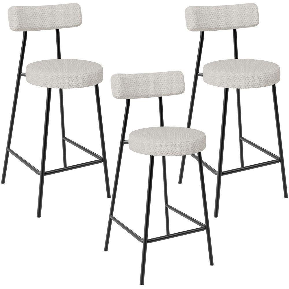 Kit 03 Banquetas Baixa Para Cozinha Sala De Jantar Bar Bancada Milão L02 Bouclê Cru - Lyam Decor - 1