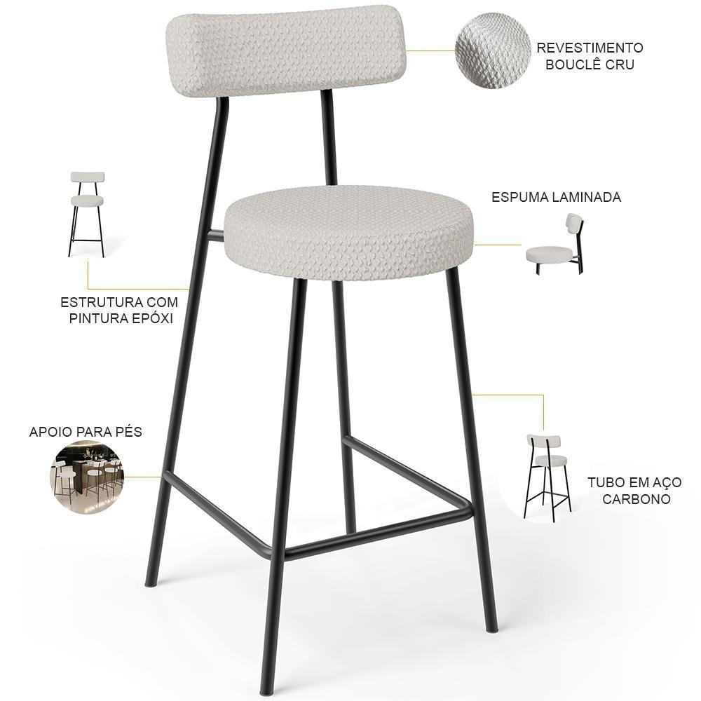 Kit 03 Banquetas Baixa Para Cozinha Sala De Jantar Bar Bancada Milão L02 Bouclê Cru - Lyam Decor - 6