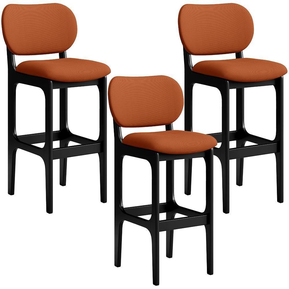 Kit 03 Banquetas Alta Bar Cozinha Sala Jantar Fixa Betta L02 Preto Tecido Terracota - 1