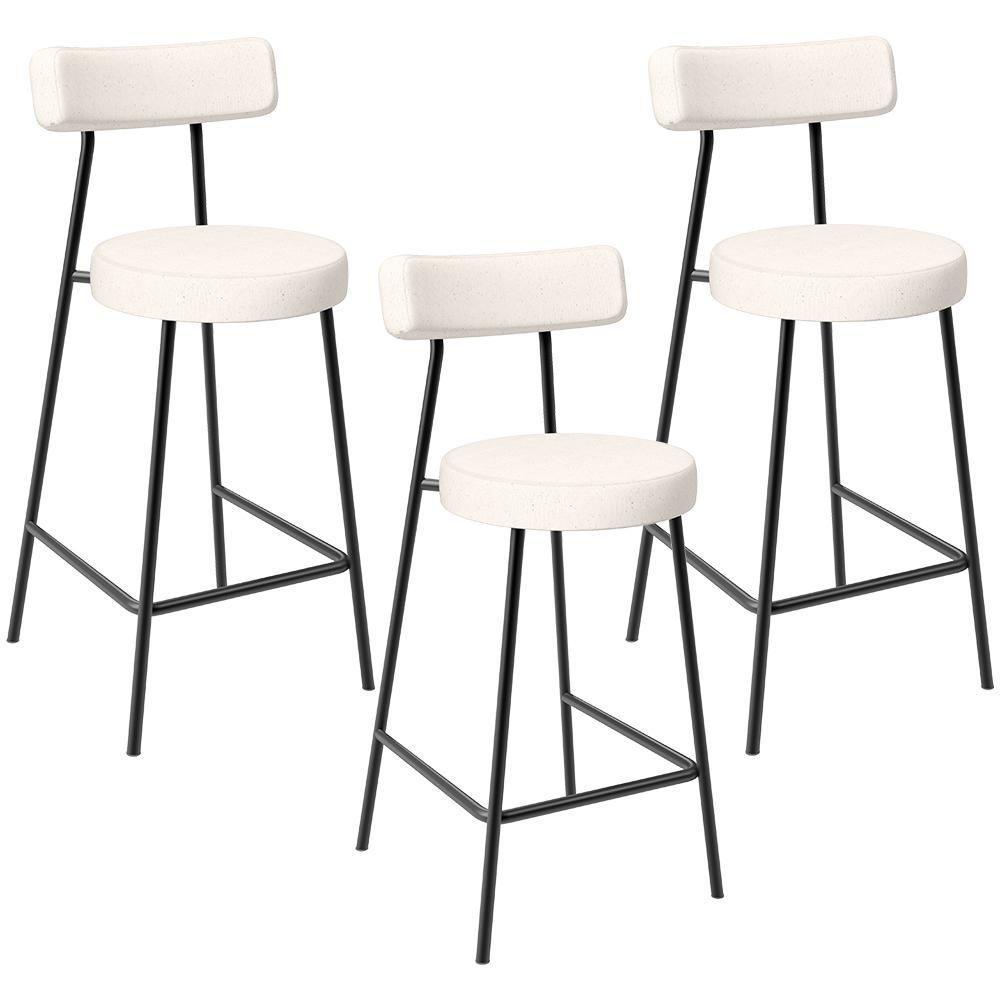 Kit 03 Banquetas Baixa Para Cozinha Sala De Jantar Bancada Milão L02 Linho Cru - 1