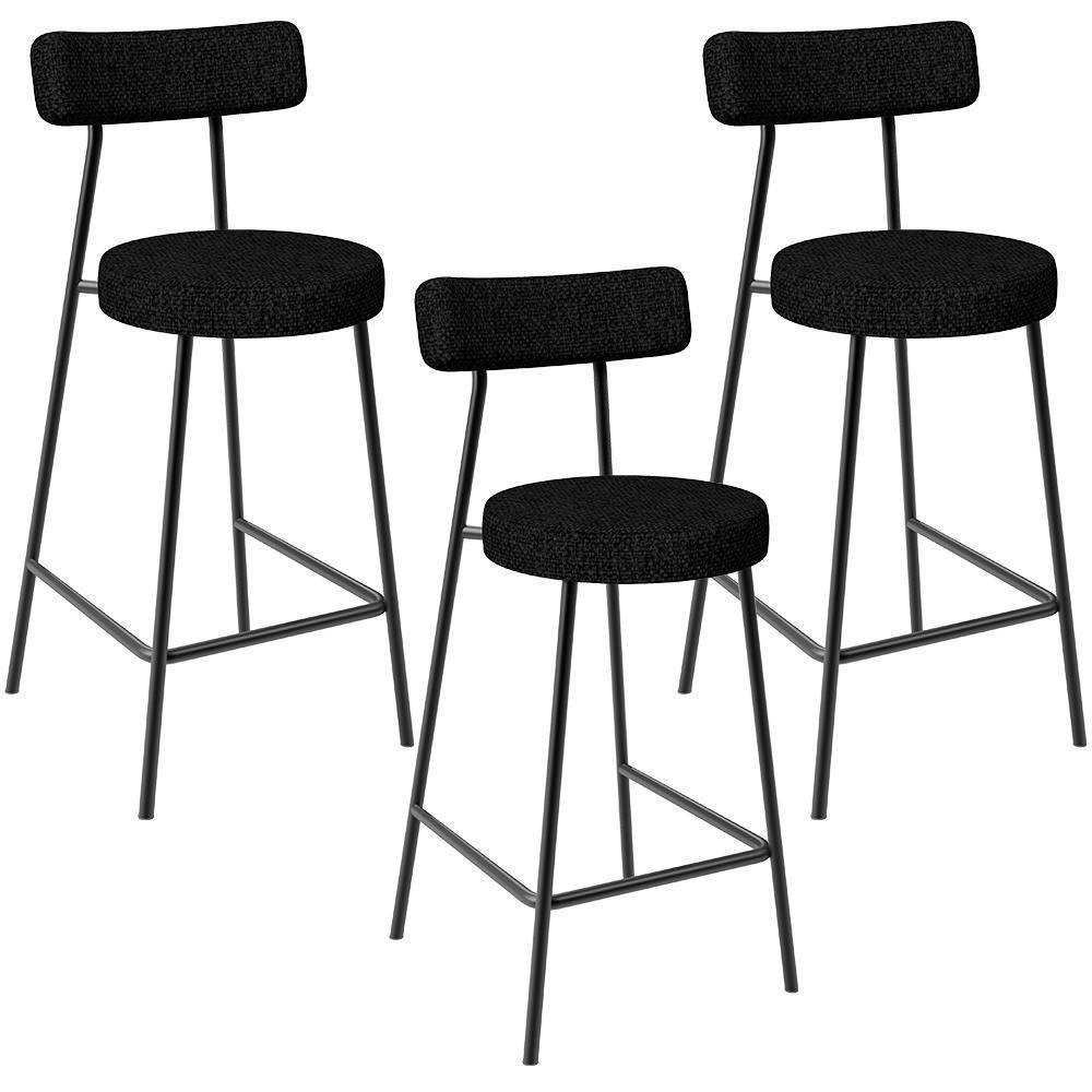 Kit 03 Banquetas Baixa Para Cozinha Sala De Jantar Bancada Milão L02 Linho Chumbo - 1