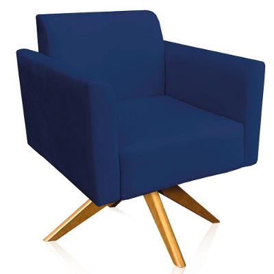 Poltrona Isabella Base Giratória Madeira Suede Azul Marinho