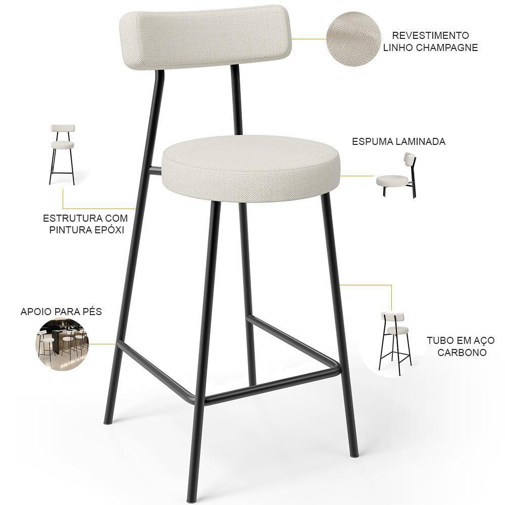 Kit 03 Banquetas Baixa Para Cozinha Sala De Jantar Bancada Milão L02 Linho Champagne - 6