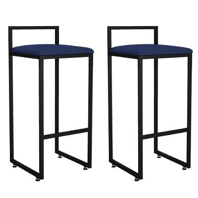 Kit 02 Banquetas Altas Hanna L02 Assento Tecido Base Fixa sem Encosto Preto Azul Marinho