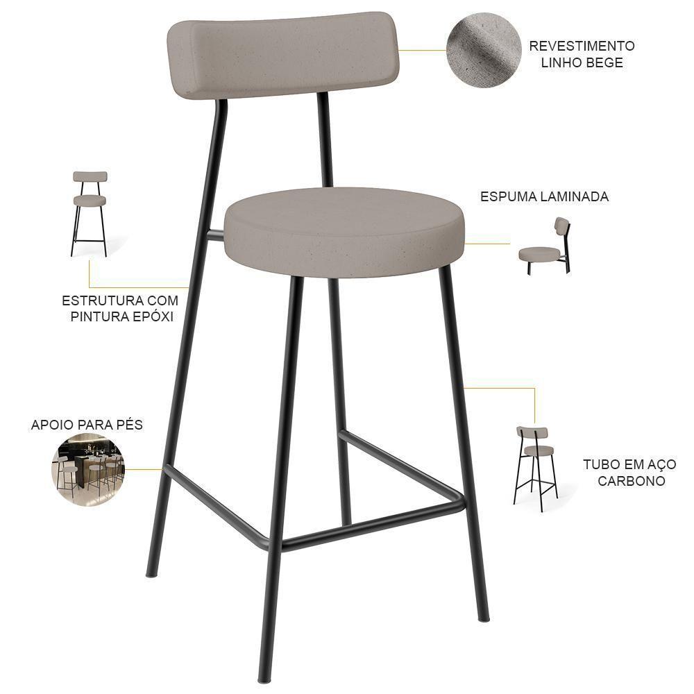Kit 03 Banquetas Baixa Para Cozinha Sala De Jantar Bancada Milão L02 Linho Bege - 6