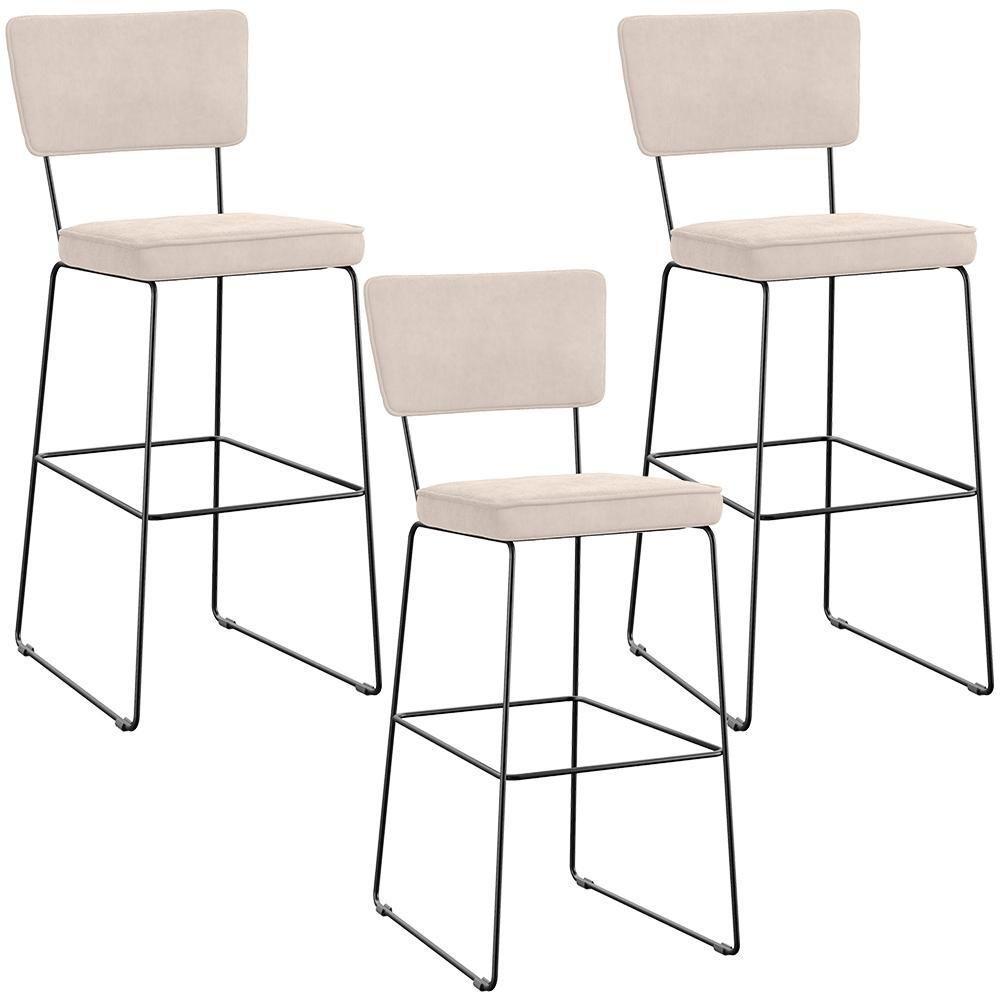Kit 03 Banquetas Alta Para Cozinha Sala De Jantar Base Em Aço Allana L02 Suede Bege - 1