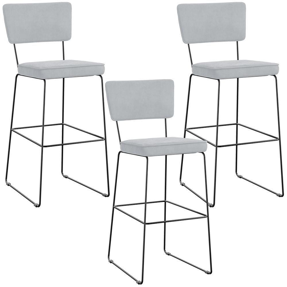 Kit 03 Banquetas Alta Para Cozinha Sala De Jantar Base Em Aço Allana L02 Suede Cinza - 1