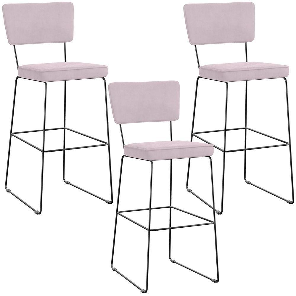 Kit 03 Banquetas Alta Para Cozinha Sala De Jantar Base Em Aço Allana L02 Suede Rosê - 1